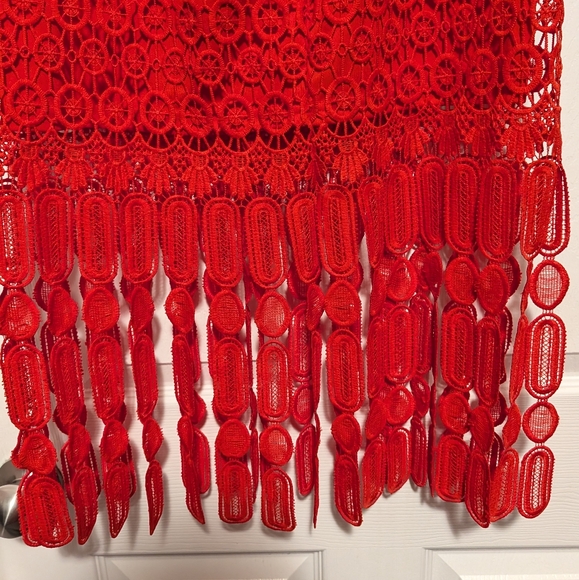 Skies Are Blue Red Crochet Fringe Skirt Medium Boho Festival Midi Flapper NWT - Picture 6 of 10
